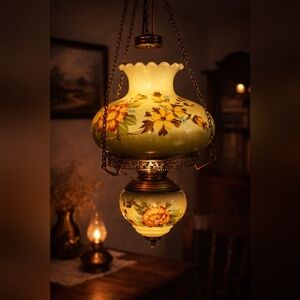 Vintage Hanging Glass Lamp with Notched Shade and Ornate Metal Support